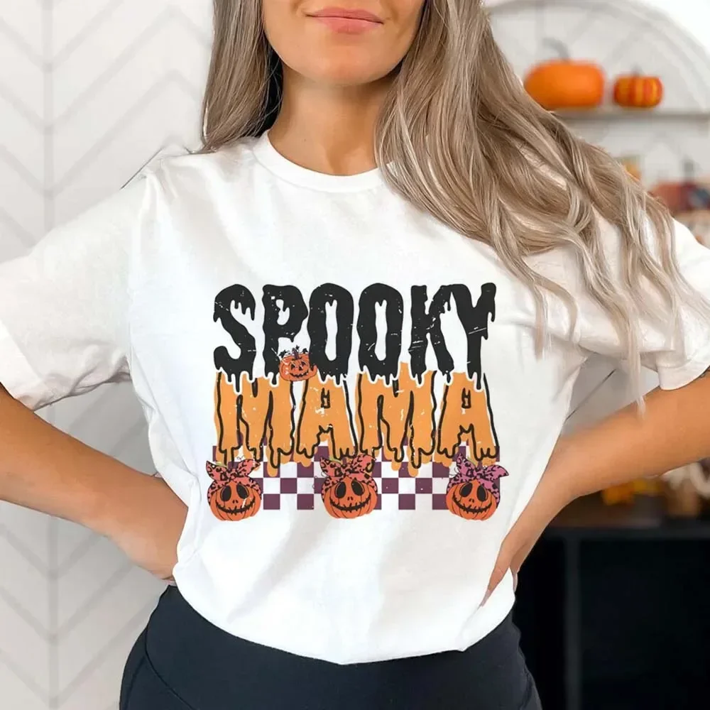 Checked Spooky Mama Pumpkin Printed T-Shirt with Cartoon Pattern O-Neck Trendy Street Print Fashion Versatile Halloween T-Shirt