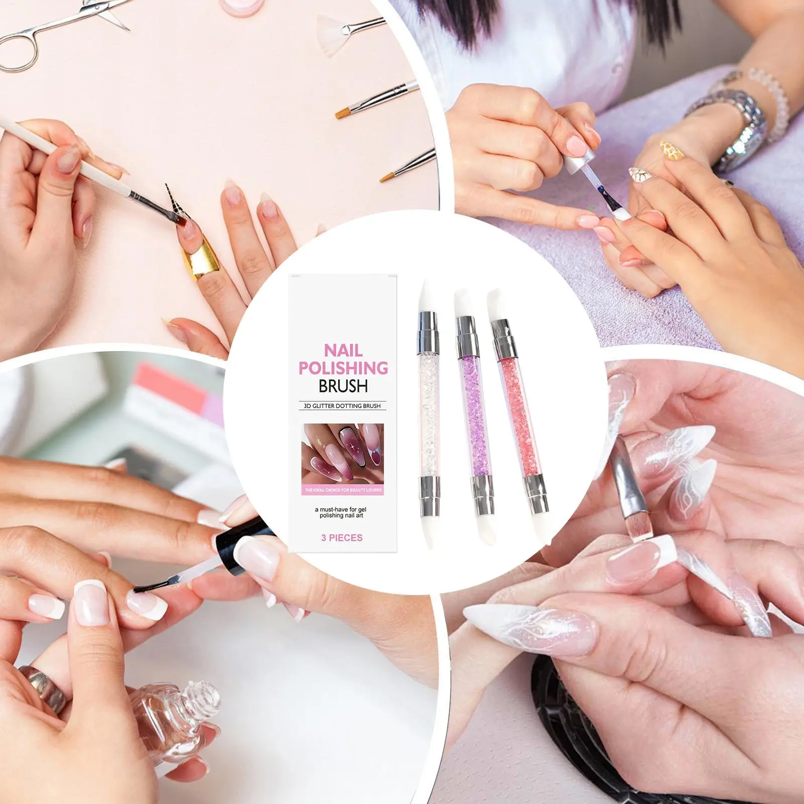 3개입 양쪽 사용 가능한 라인스톤 네일아트 실리콘 펜 조각펜 3D 꽃 조각 도트 도구 매니큐어 브러쉬 실리콘 네일 도구