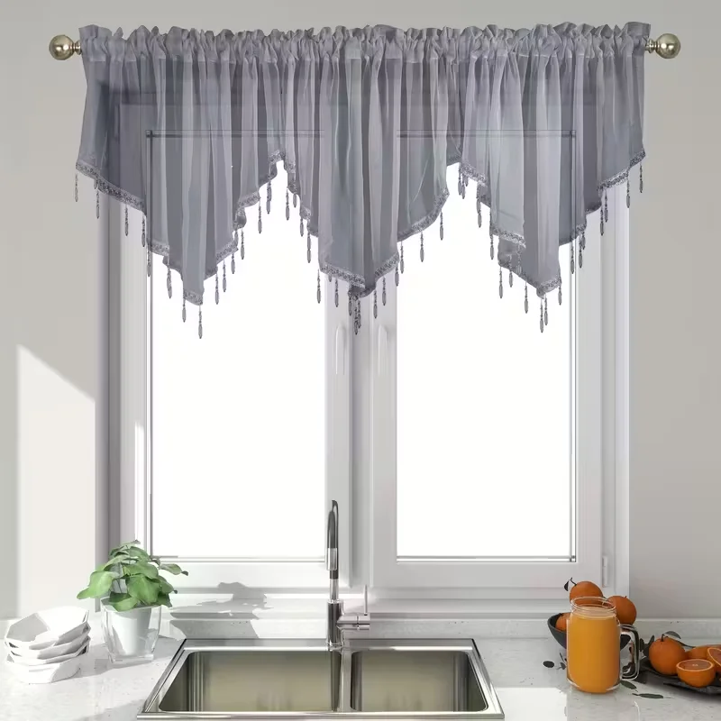 Durable Solid  1pc Color Triangle Curtains with Beads Tassels Embroidered Triangle Valances Rod Pocket Soft Short Curtain Decor