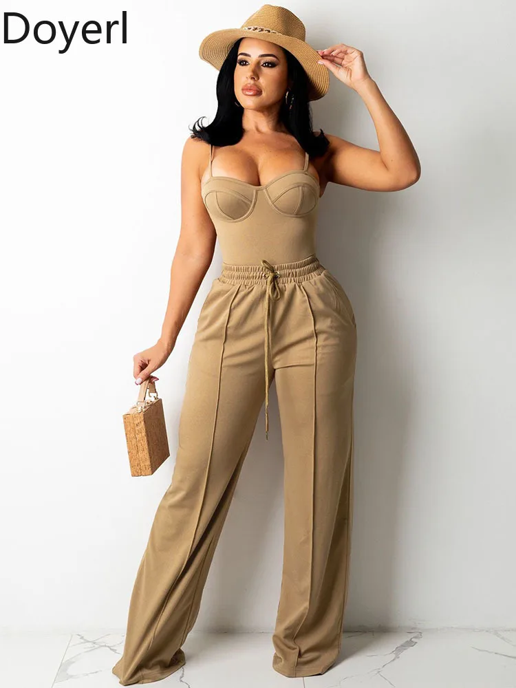 Doyerl solide décontracté 2 pièces ensemble femme vêtements Spaghetti sangle haut sans bretelles et cordon jambe large pantalon correspondant ensembles tenues