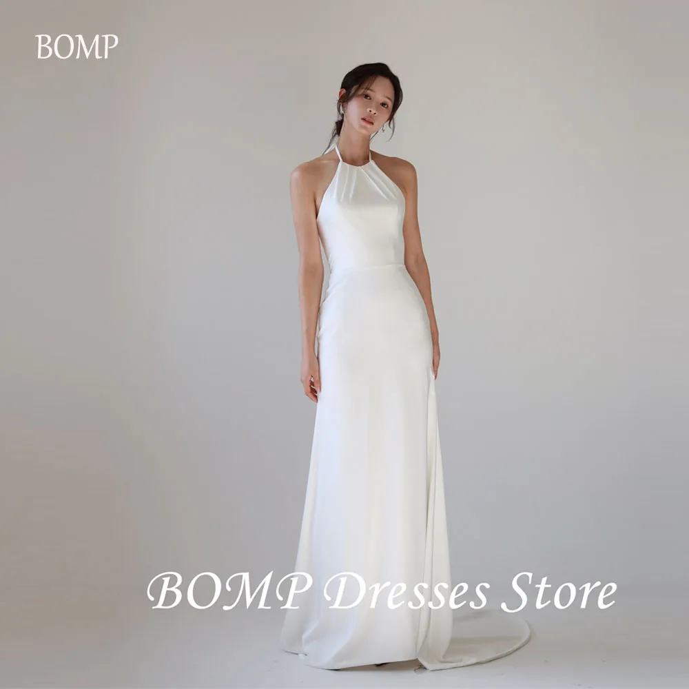

BOMP Холтер Простые белые свадебные платья Фотосессия Корея Мягкие атласные свадебные платья длиной до пола Вечернее платье по индивидуальному заказу