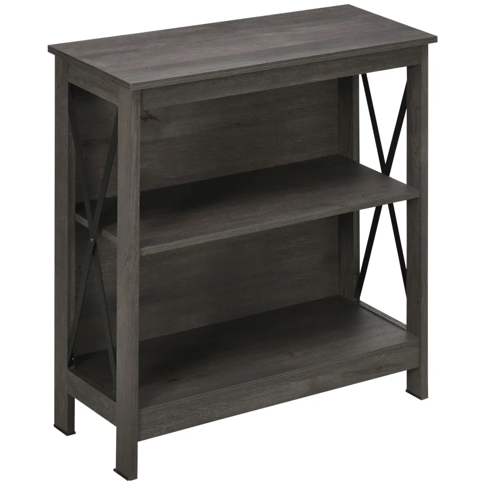 

HOMCOM Industrial Style Corner Open Bookshelf with Storage Shelves and Metal X Bar Frame for Living Room, Dark Grey