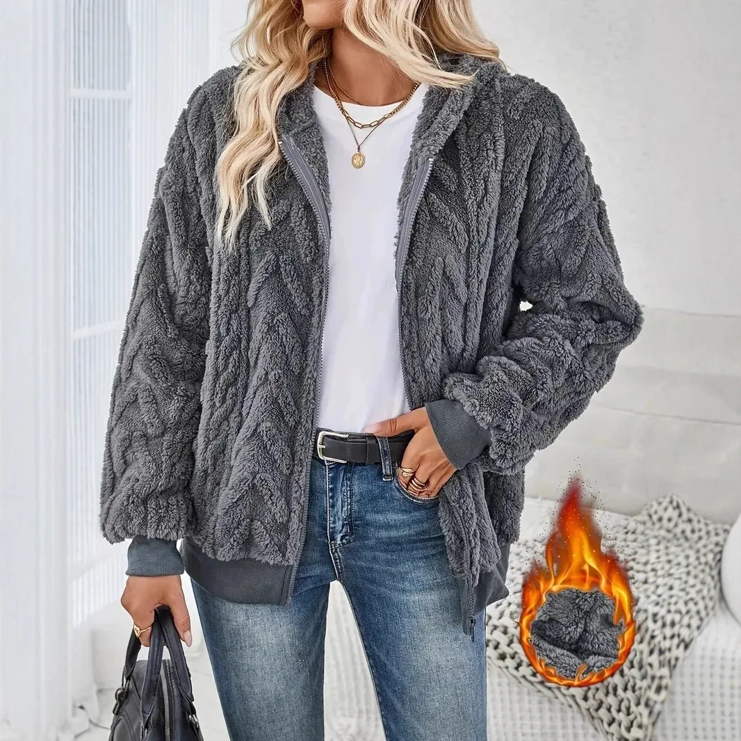 

2025 New Autumn and Winter Plush Women's Clothing Solid Color Zipper Hooded Long-sleeved Loose Jacquard Sweater Jacket