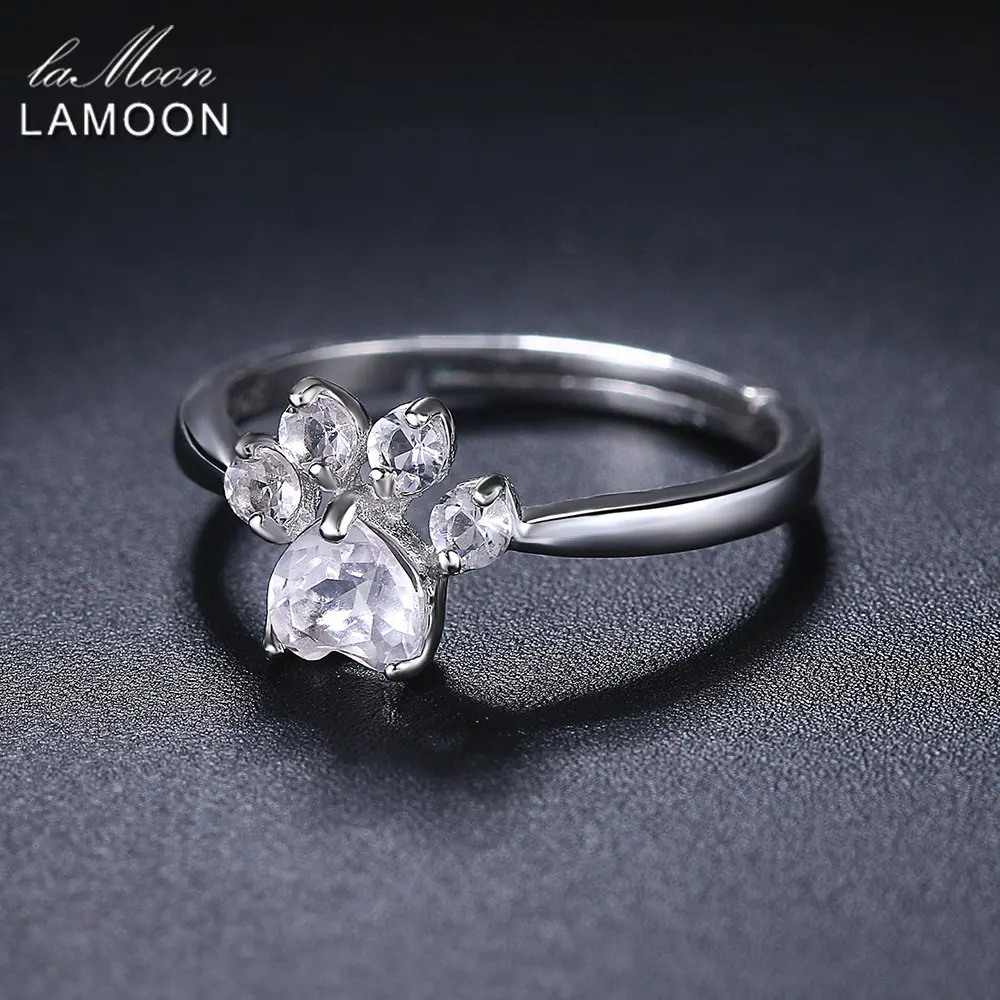 LAMOON S925 100% Natural Pure Clear Gemstone Cute Bear's Paw Ring For Women 925 Sterling Silver White Gold Fine Jewelry RI036