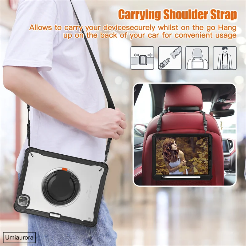 For IPad Air 4 5 10.9 Mini 6 Pro 11 12.9 13 inch M2 M4 2024 Tablet Case 360 Rotation Hand Ring Stand Strap Kid Shockproof Cover