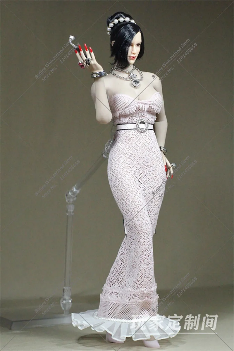 Customized 1/6 Scale Pink Tulip Sexy Women's Strapless Slim Lace Mesh Long Dress Diamond Belt Accessories for 12'' Action Figure