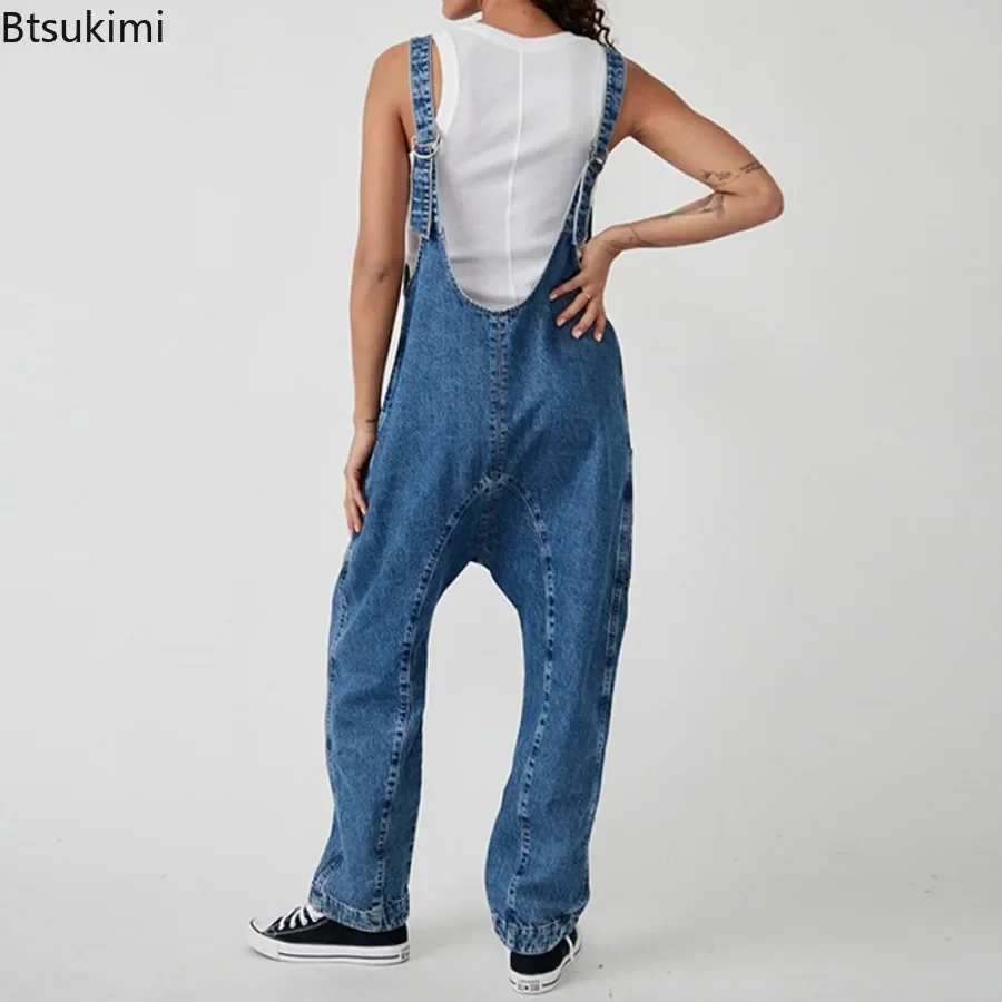 2025 Women\'s Fashion Casual Denim Jumpsuits Splice Double Pockets Deep V-neck Backless Suspenders Rompers One Piece Jeans Femme