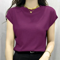 Summer Women's Loose Ice Silk Twisted T-Shirt 2024 New Bat Sleeve Round Neck Fly Sleeve Basic Elegant Women Clothing