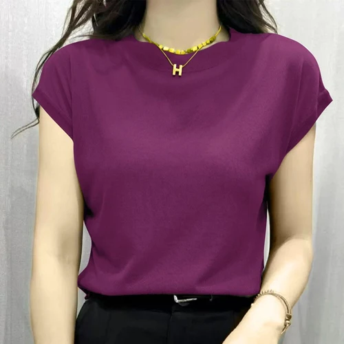 Camiseta holgada de seda de hielo retorcida para mujer, ropa básica elegante con manga de murciélago y cuello redondo, verano 2024