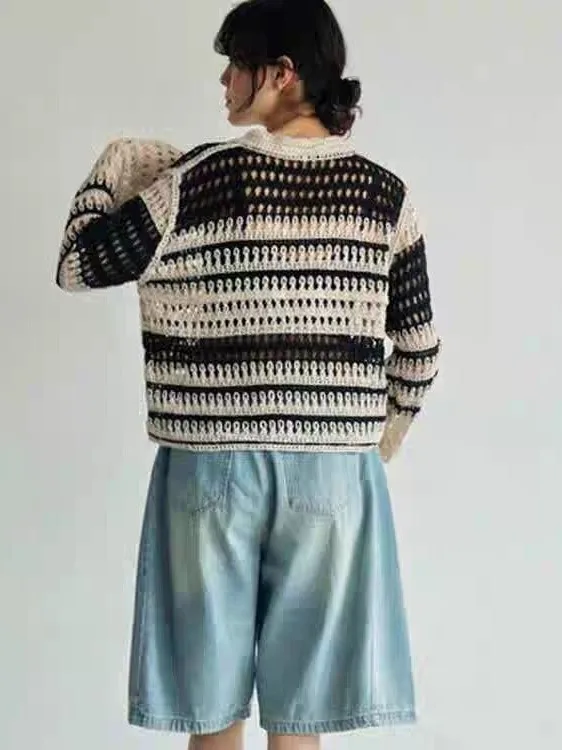 Retro Hollow out Long Sve Women's Knitted Sweater ort Sle Loose Lazy Faion Autumn New Arrival No Brand Registered