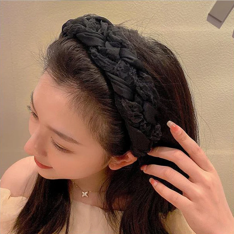 Korean Fashion Super Fairy Silk Lace Gauze Headband Wide Side Multi-layer Cross Knot Headband Solid Braid Headwear For Woman