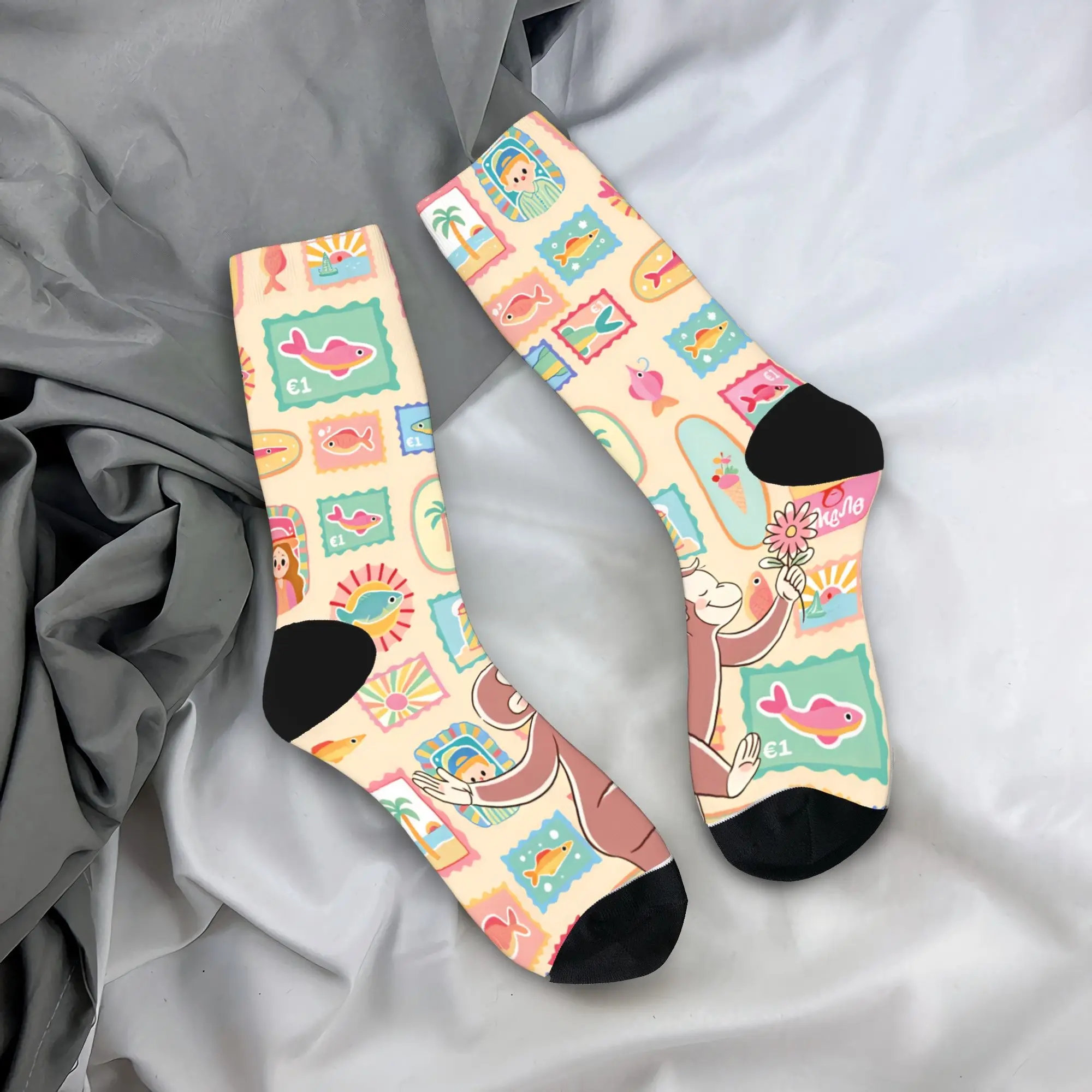 Curious George Monkey Stockings Men  Socks Medium Soft Trendy Socks Winter Climbing Anti Slip Graphic Socks Gift
