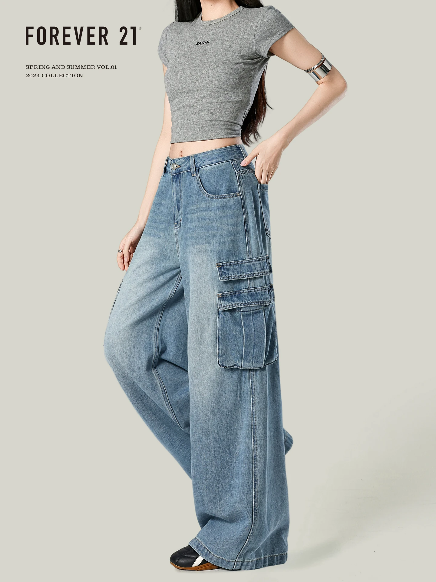 Forever 21 American High Street Vintage Blue Wide Leg Workwear Jeans Women Loose Drapey High Waist Straight Leg Pants