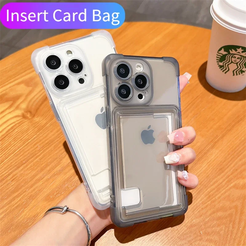 Fashion Black Insert Card Bag Transparent Phone Case for iPhone 11 12 13 14 15 Pro Max Lens Protection Shockproof Soft Cover Men