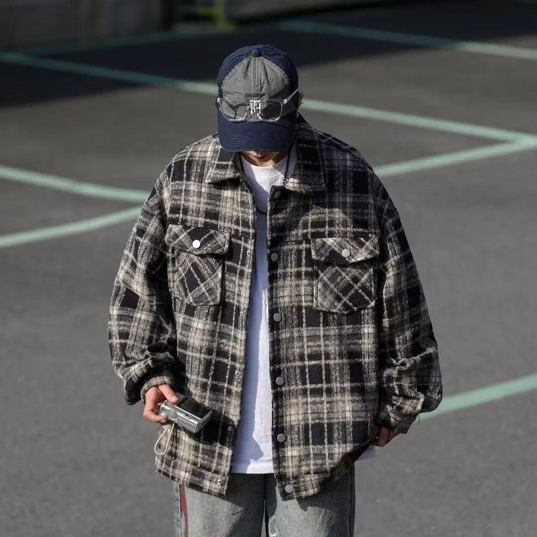 

Retro Autumn Winter Plaid Japanese Sle Men's irt Jaet Embroidered Collar Trendy Brand Student Street Sle Clothes