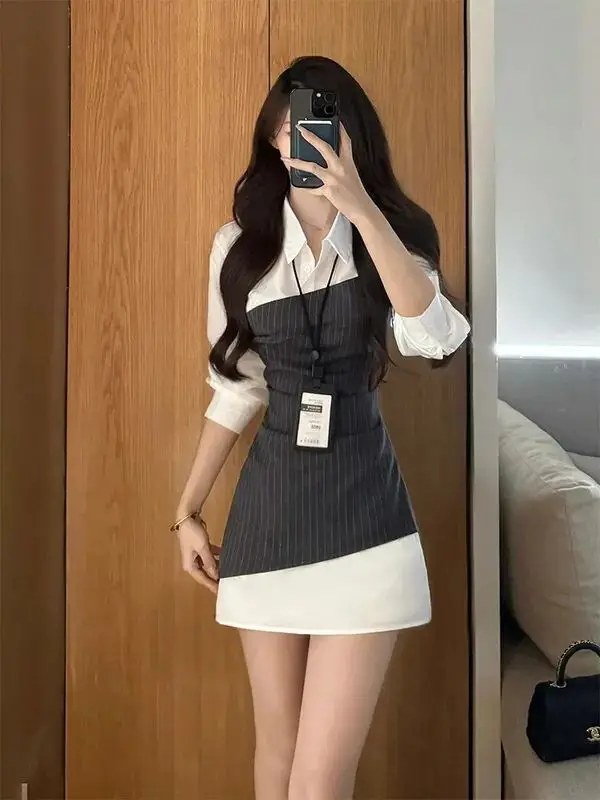 High temperament waist fake two-piece shirt dress small design striped splicing new thin skirt  bodycon dress vestidos de fiesta