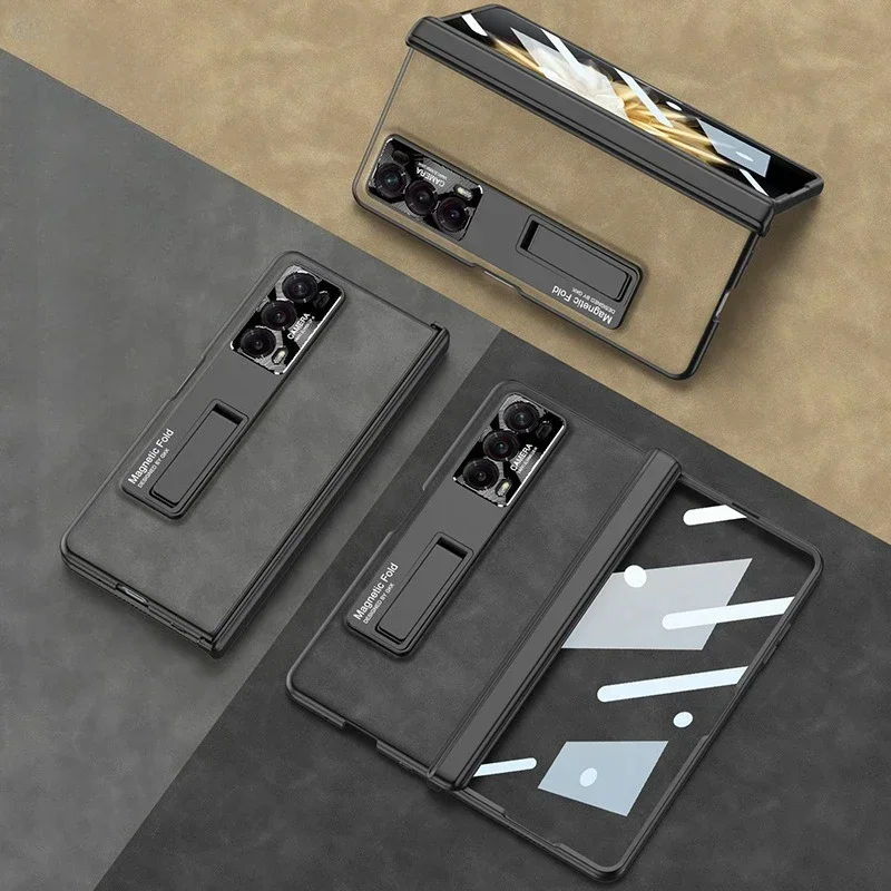 

For Honor Magic V2 Shockproof Phone Case Frosted Leather Case Magnetic Hinge Case 360 Degree Protective Bracket Hard Cover