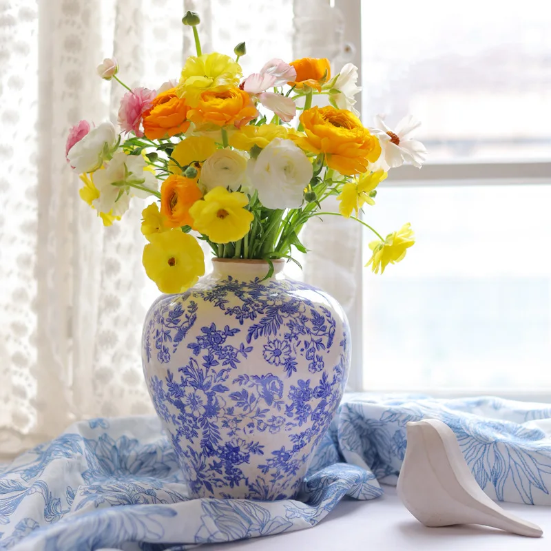 Chinese Feng Hydroponic Flower Arrangement Retro Old Ceramic Vase Living Room Ornament Flower Pot Jarrones Room Decor