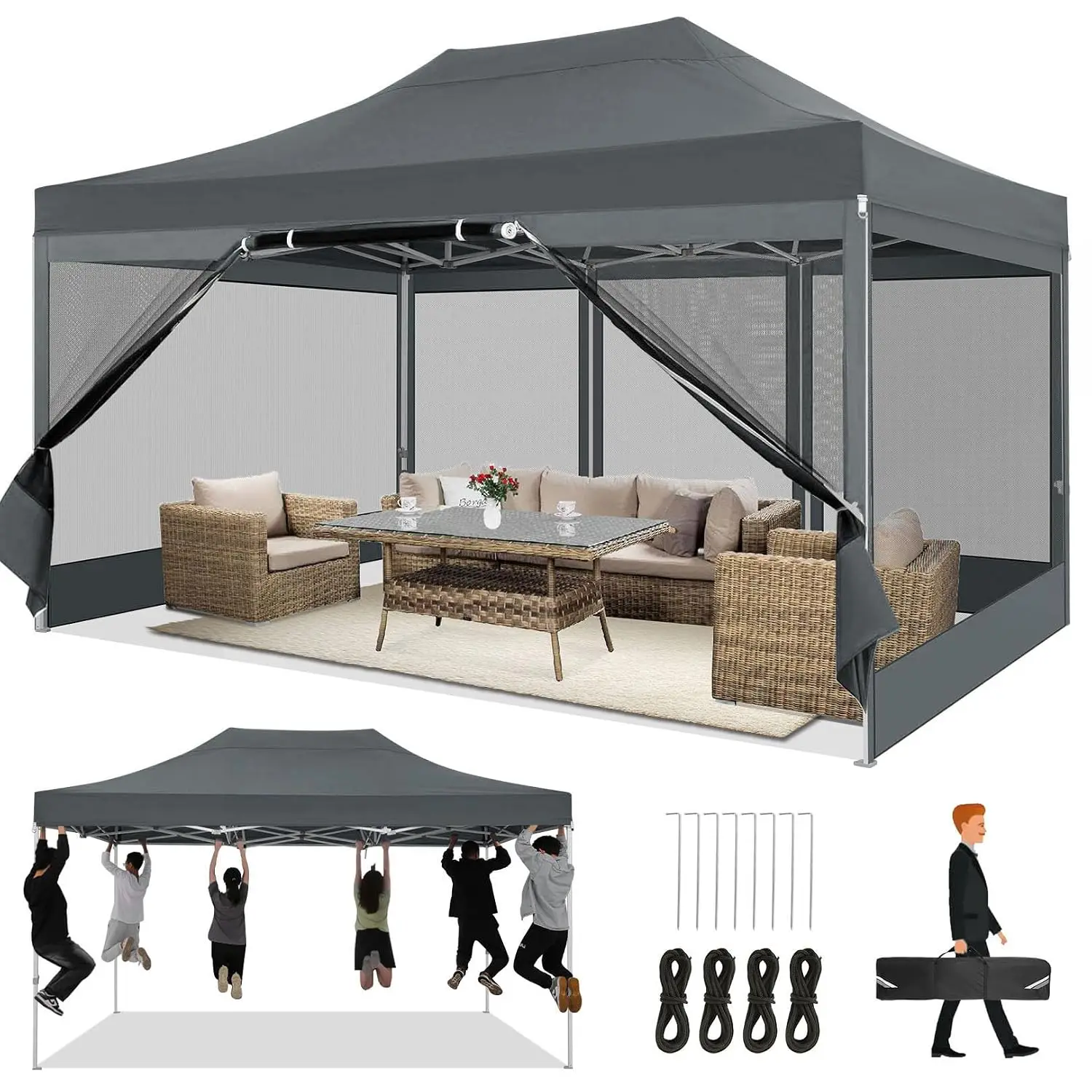 10x15 Pop Up Canopy with 4 Sidewalls & Mosquito Netting, Heavy Duty Easy Set Up Outdoor Screen Tent for Patio, Customized