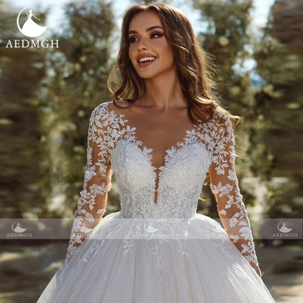 Aedmgh A-Linie romantische Brautkleider Schatz Langarm Vestido de Novia Spitze Applikationen charmante Robe de Mariee