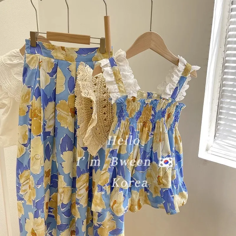 Vacation Look Mother Daughter Clothes Women T Shirt Skirts Two Piece Set Baby Girls Beach Floral Dress Family Matching Clothing