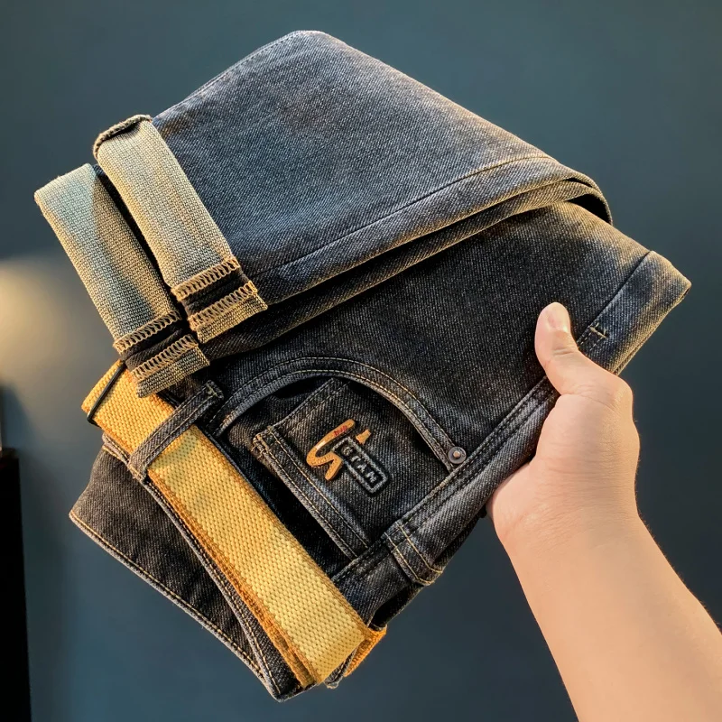 

Black gray jeans men in autumn 2025, elastic and small feet, paired with a belt style casual high-end pants st