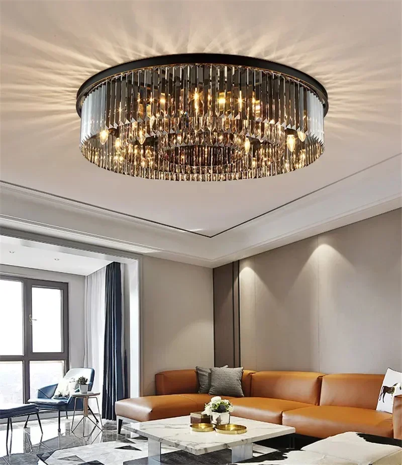 Luxury Round Modern Crystal Ceiling Light Black Round Ceiling Lamp E14 Led Luminaires Kitchen Dining Room Bedroom Home Lighting