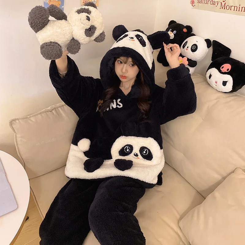 Winter Sleepwear Women Pajama Set Fleece Velvet Cute Panda Home Suit Plush Hooded Piiama Korean Warm Night Wear Homewear Pijama