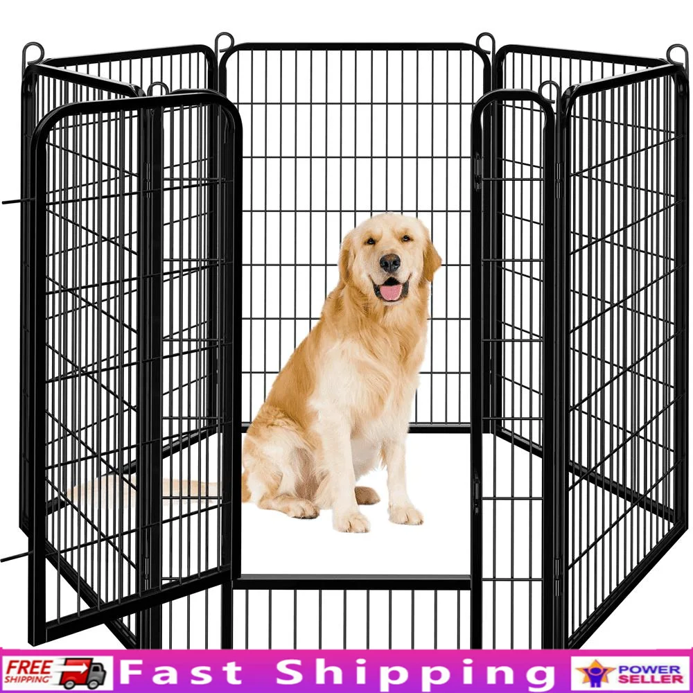 

6 Panels Heavy Duty Metal Dog Playpen Exercise Barrier Portable Foldable Indoor Outdoor Pet Fence with Door and Anchor Stakes
