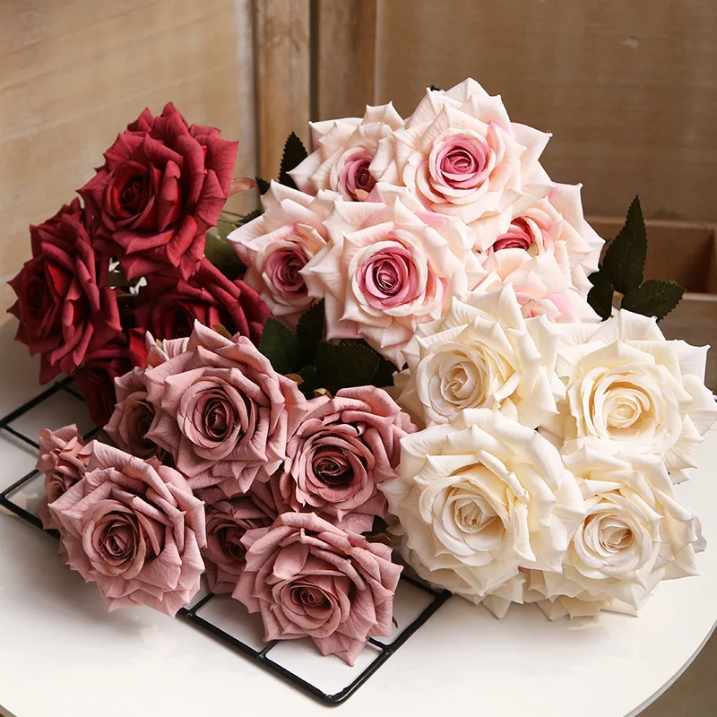 Simulation Flowers Home Decoration Floral Silk Roses Bouquet Artificial Green Red Multi Layer Rose Fake Flower Garden Decoration