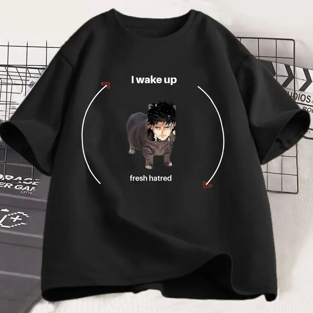 

Anime Kagurabachi Funny Chihiro Rokuhira Cat I Wake Up Frsh Hatred Meme T-shirt Men Women Manga Humor Tshirt Male Fashion Tees
