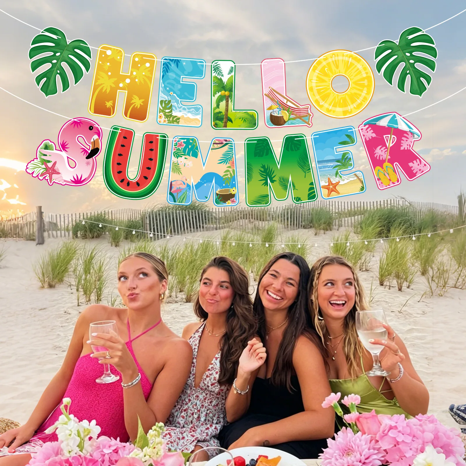 Hello Summer Hawaiian Party Decor Flamingo Turtle Back Leaf  Banner Spiral Ornament Aloha Summer Coconut Tree Beach Party Decor