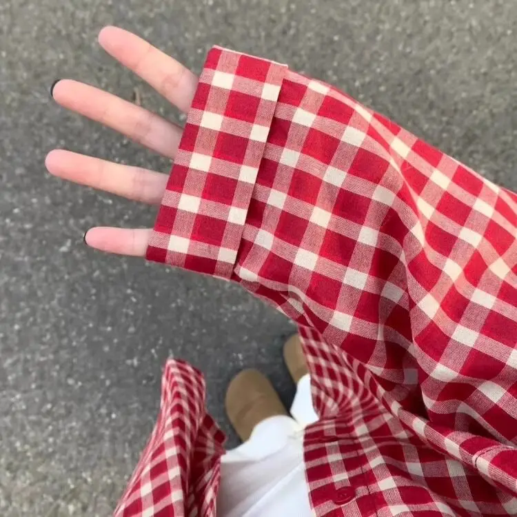 Retro American Red Plaid Long Sleeve Women's Shirt Early Spring Outerwear Summer Style Lazy Sun Protection Top Korean Version... 4