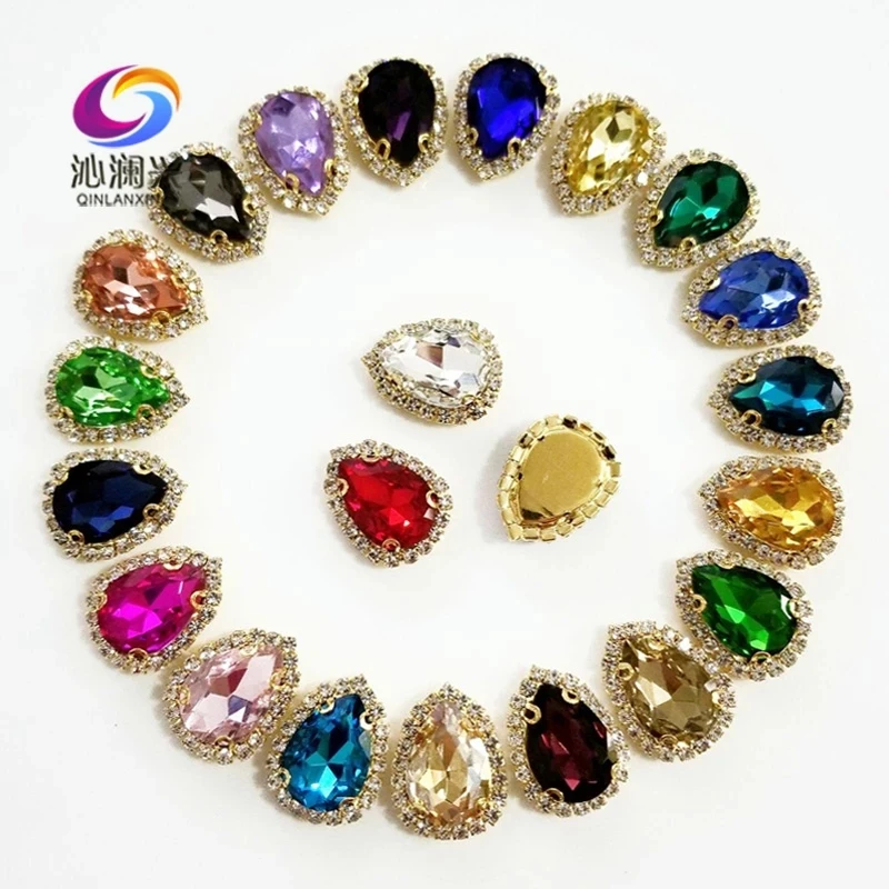 22 Colors Golden Glass Crystal Rhinestones Sewing Accessories,Drop Shape Buckle Sew on Stones for Clothes/Diy/Wedding Decoration