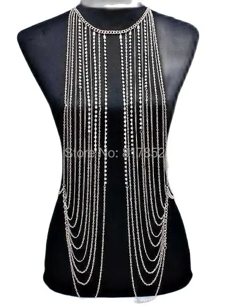 

FASHION STYLE MAKER BY-02 WOMEN SILVER COLOUR CHAINS BODY CHAINS SILVER RHINESTONE CHAINS MULTI-LAYERS BODY JEWELRY 2 COLORS