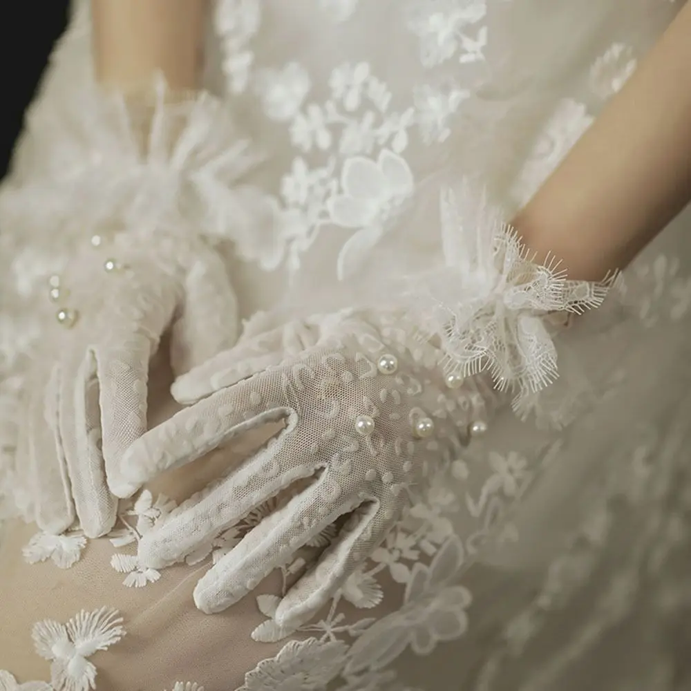 White Bride Dress Gloves Mesh Bow Pearl Short Lace Gloves Wedding Accessories Party Prom Cosplay Performance Women Bridal Gloves