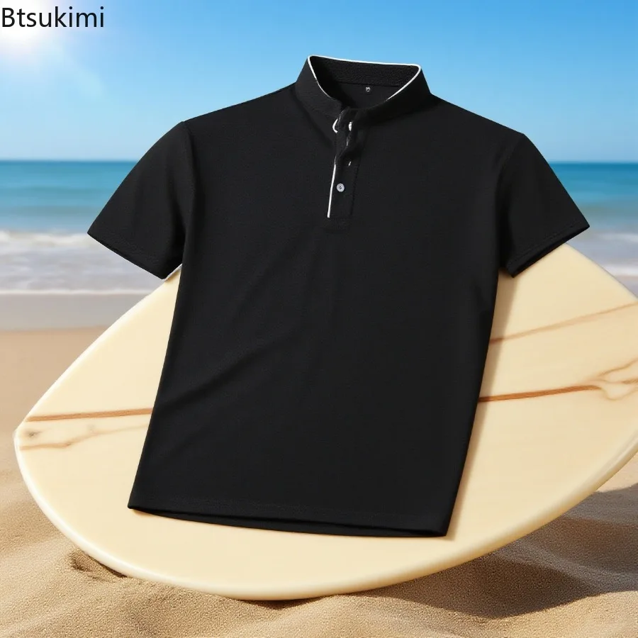 

Summer New Men's Business Casual T-shirts Fashion Stand Collar Short Sleeve Tops Solid Breathable Lightweight Basic Tees for Men