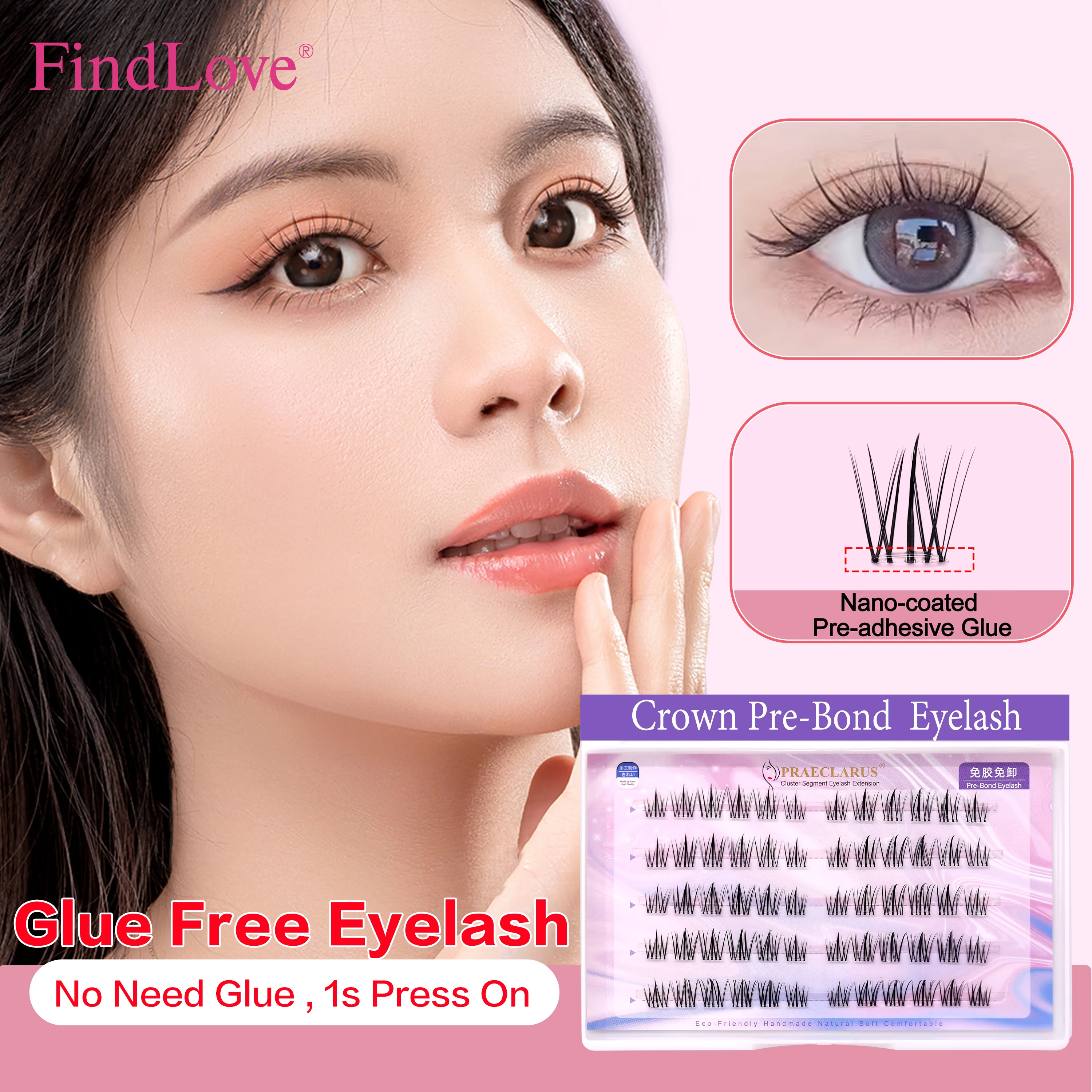 PRAECLARUS Crown Self Adhesive Eyelashes C Curl 12mm False Eyelashes Reusable Glue Free Eyelash Diy Eye Lashes Extension Set