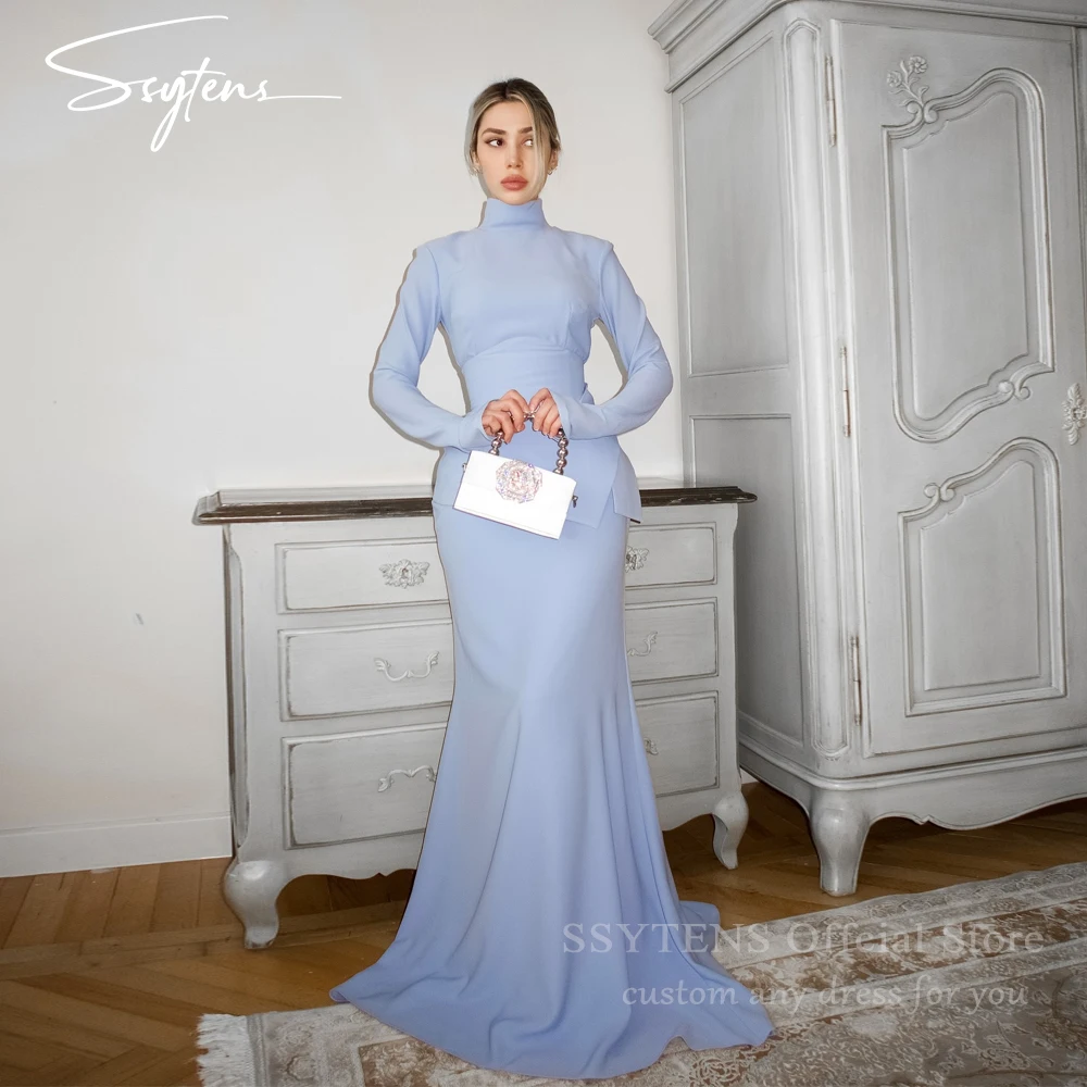 SSYTENS Elegant High Neck Evening Dresses Blue Full Sleeves Wedding Party Dresses Israel Long Mermaid Prom Dresses Customized