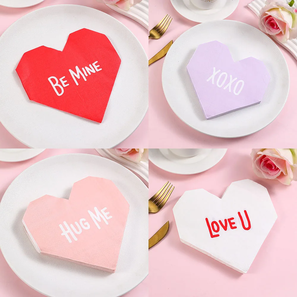 20Pcs/bag Sweet Heart Paper Napkins Be Mine XOXO Love U Disposable Tissues Towel for Valentine's Day Wedding Party Decoration