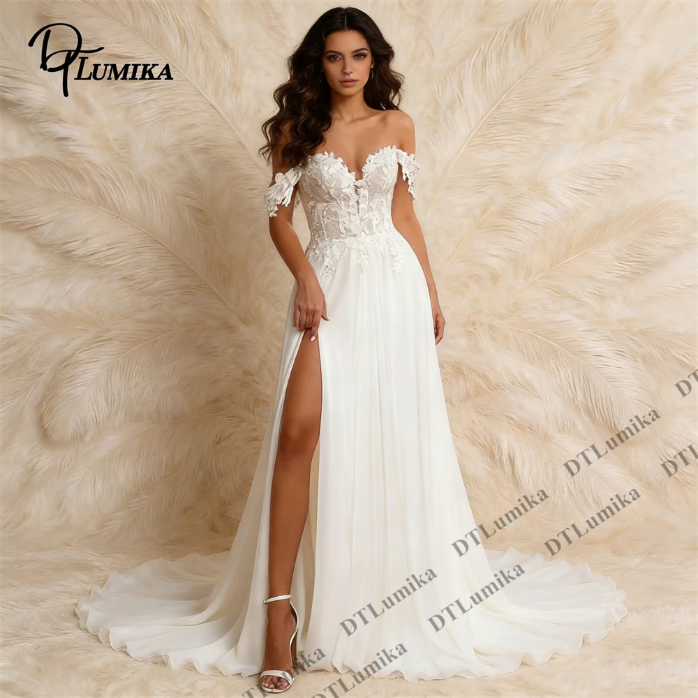 

Ivory Off-the-Shoulder Chiffon Wedding Dress with Lace Bodice and High Slit Train for Beach Wedding Modern Sensual Bridal Outfit