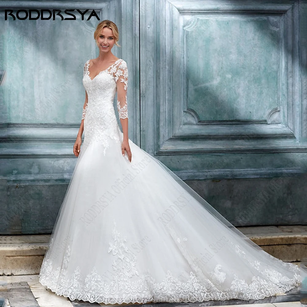 RODRSYA Abiti da Sposa Moderni Per La Donna Sirena 3/4 Maniche Applique Abiti Da SRODDRSYA abiti da sposa moderni per donna sirena 3/4 maniche Applique abiti da sposa cerniera posteriore scollo a v Tulle robe de mariée