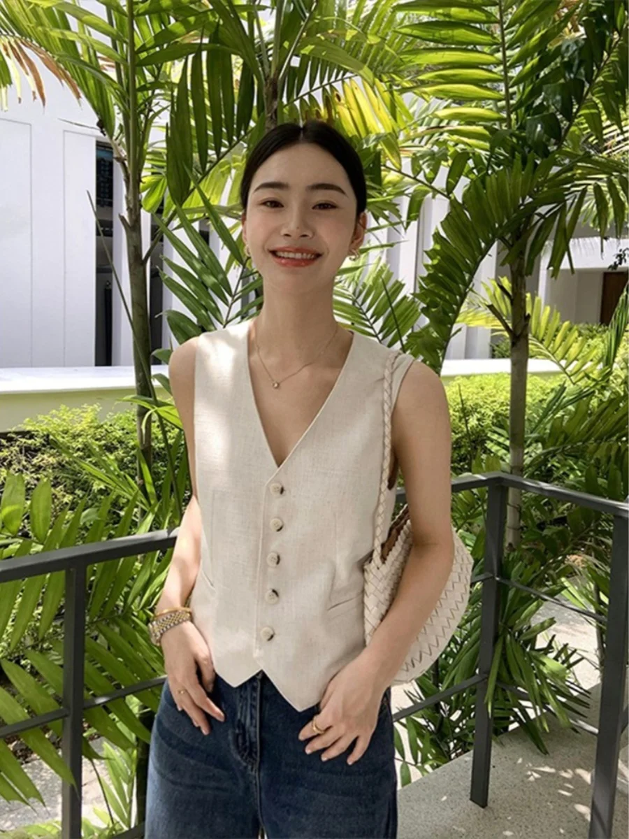 

Ретро-жилет женский, укороченный, с V-образным вырезом, модный, с подплечниками, для повседневной носки, однотонный, лето 2024