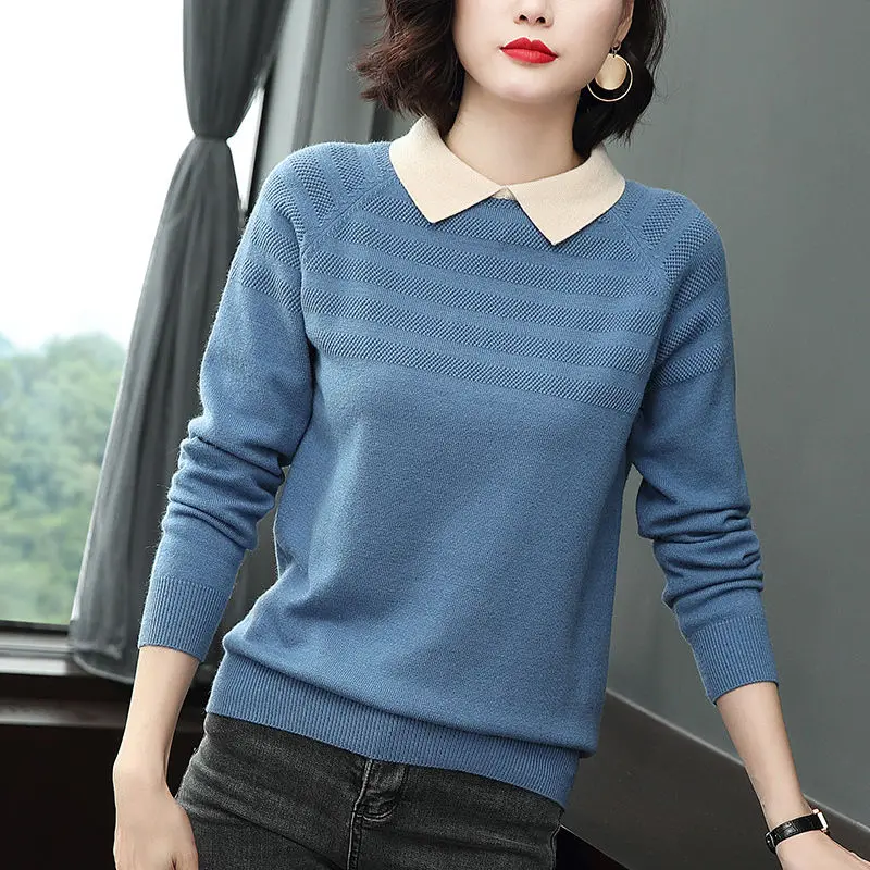 Fashion Lapel Knitted Spliced Loose Korean Sweaters Women's Clothing 2022 Autumn New Oversized Casual Pullovers Commute Tops