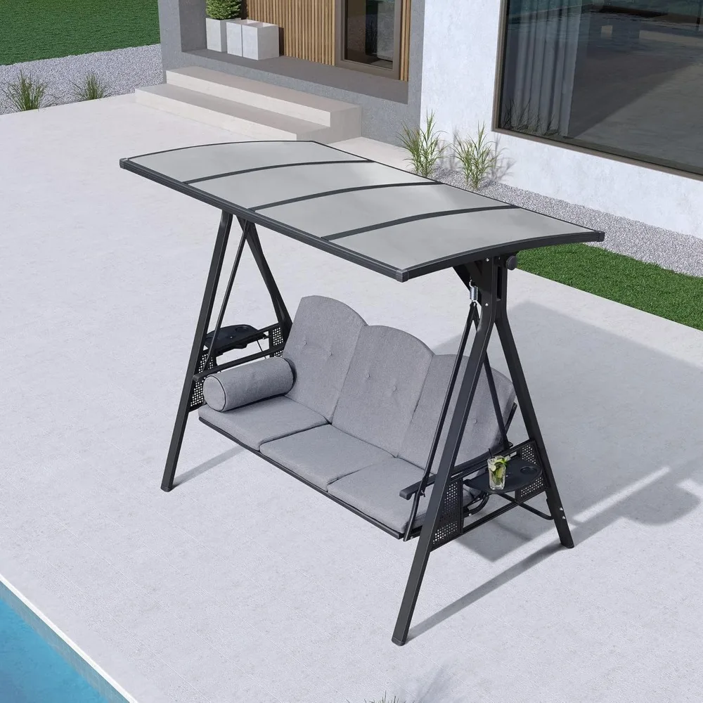 

Outdoor Patio Porch Swing with Adjustable PVC Canopy, Side Cup Holder for Backyard Front Porch Lawn, 3-seat Swing Chair Bench