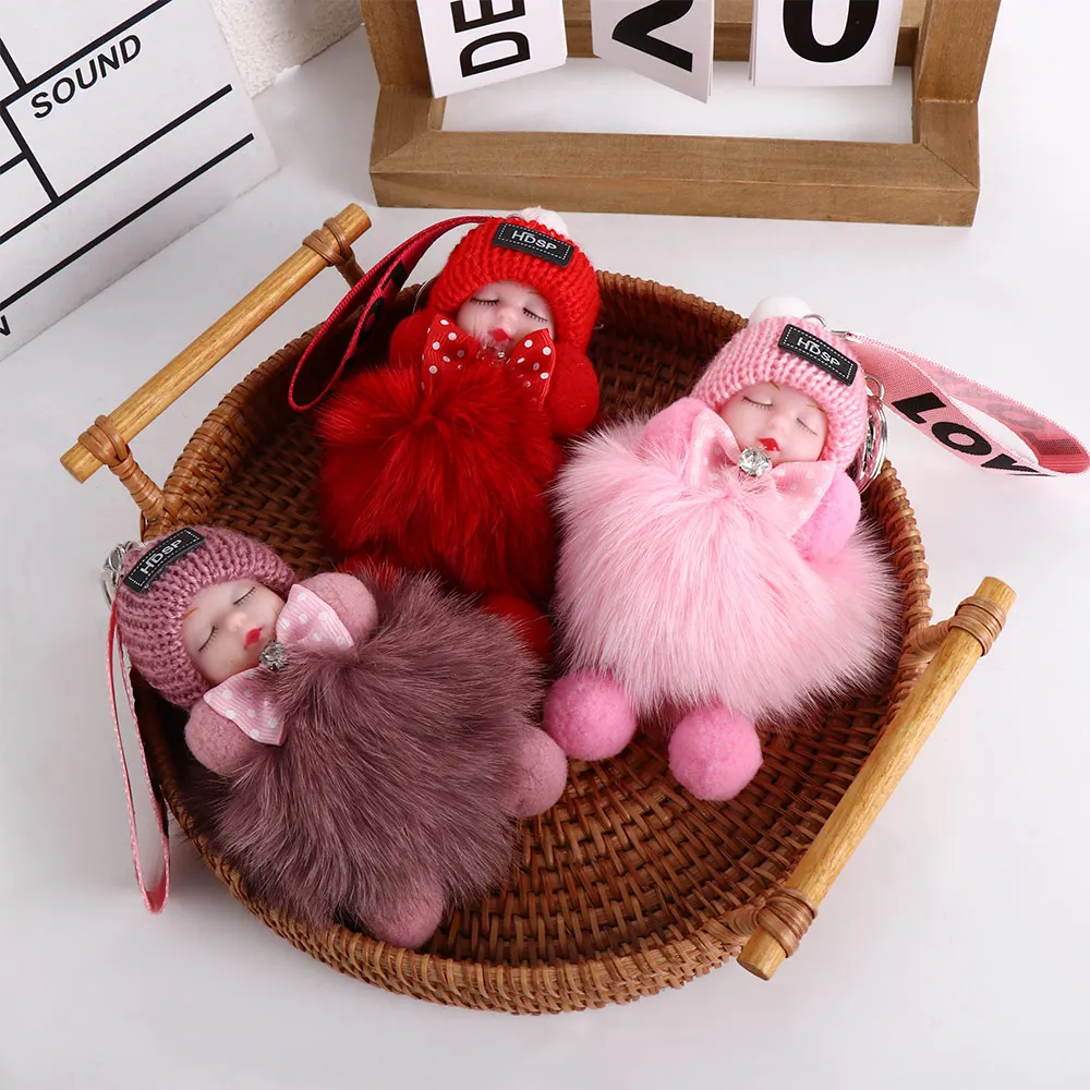 Cute Plush Keychain Sleeping Baby Doll Keychain Plush Kpop Accessories Pompom Keyring Toys For Girls Kawaii Keychain Bag Pendant