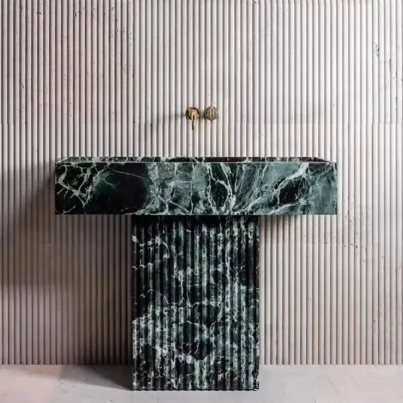 Luxury Polished Groove Green Marble Column Sink Eco Friendly Natural Stone Freestanding Bathroom Washbasin for Hotels Homes