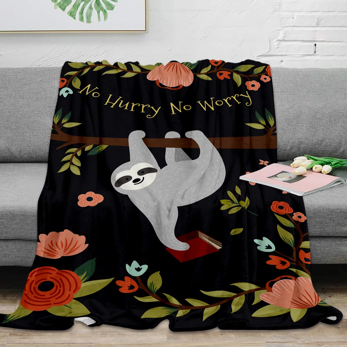 Flowers Sloth No Hurry No Worry Flannel Blanket Travel Picnic Blanket Portable Soft Bedspread Blankets for Beds