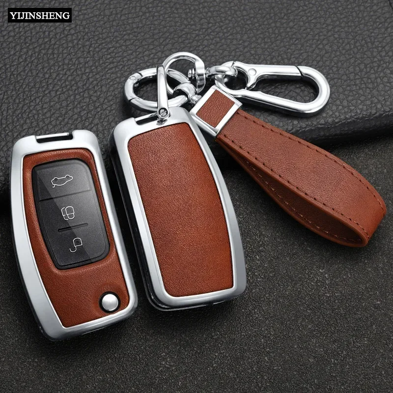 3 Buttons New Zinc Alloy + Leather Car Key Case Cover For Ford Fiesta Focus 2 Ecosport Kuga Escape Falcon B-Max C-Max Eco Sport