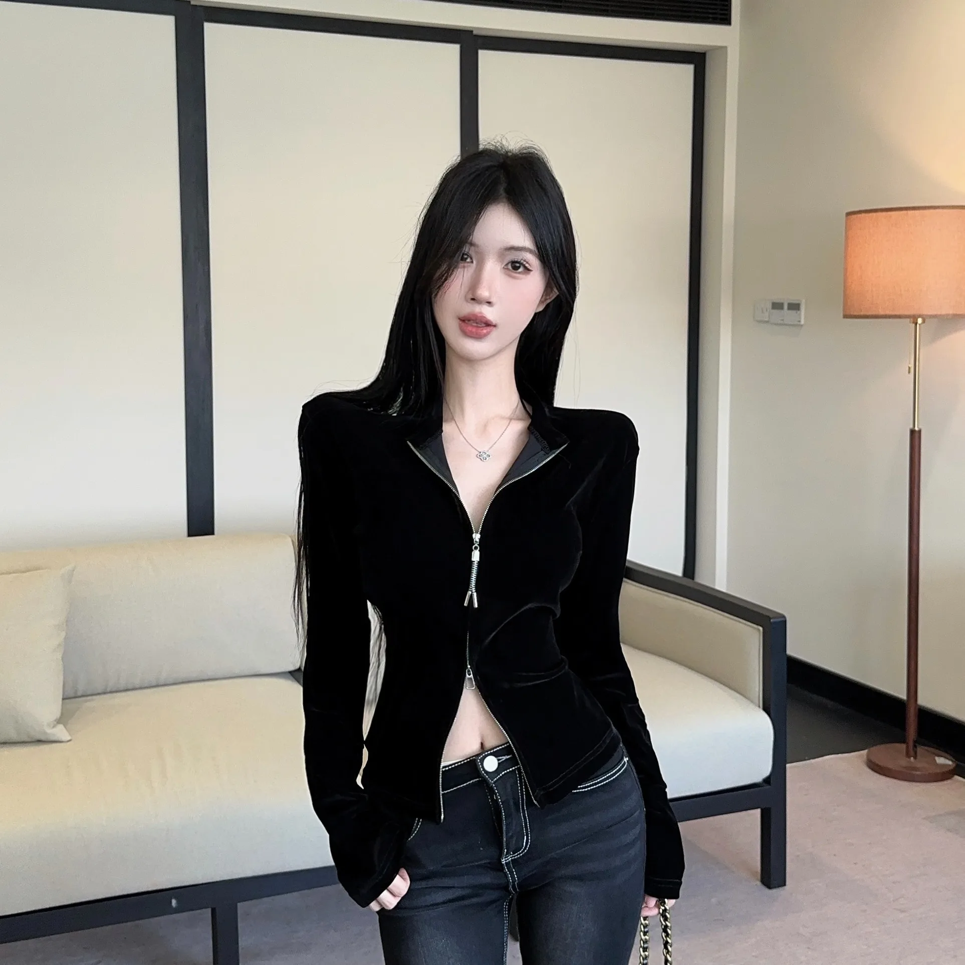 قميص مخملي طويل Sve بياقة واقفة وسحاب مزدوج متعدد الاستخدامات للتخسيس العصري للنساء للخريف والشتاء Faion يوميًا لون نقي T-... #2